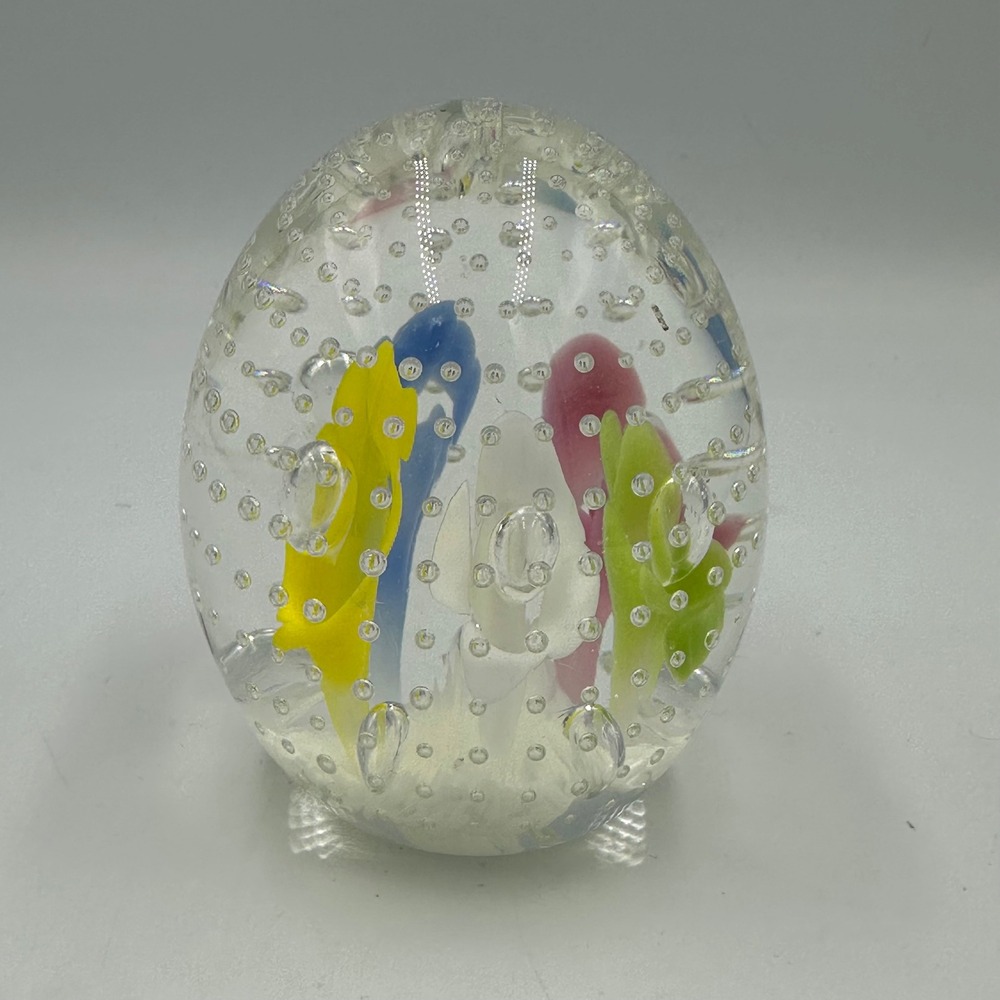 Joe Rice Art Glass Paperweight Egg‎ Multi Color Floral Controlled Bubble signed